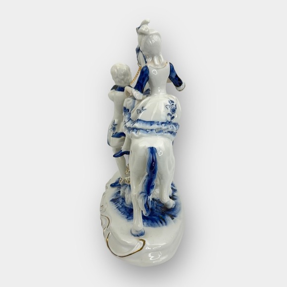Vintage Porcelain Horse Rider & Handler Figurine Blue White Gold Trim 9 Inch - Picture 5 of 16